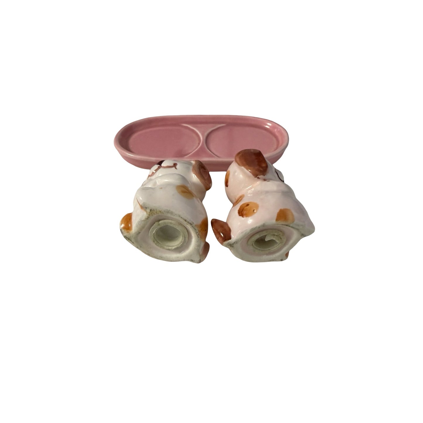 Vintage Japan Puppy Dog Salt And Pepper Shakers With Pink Tray Ceramic Set
