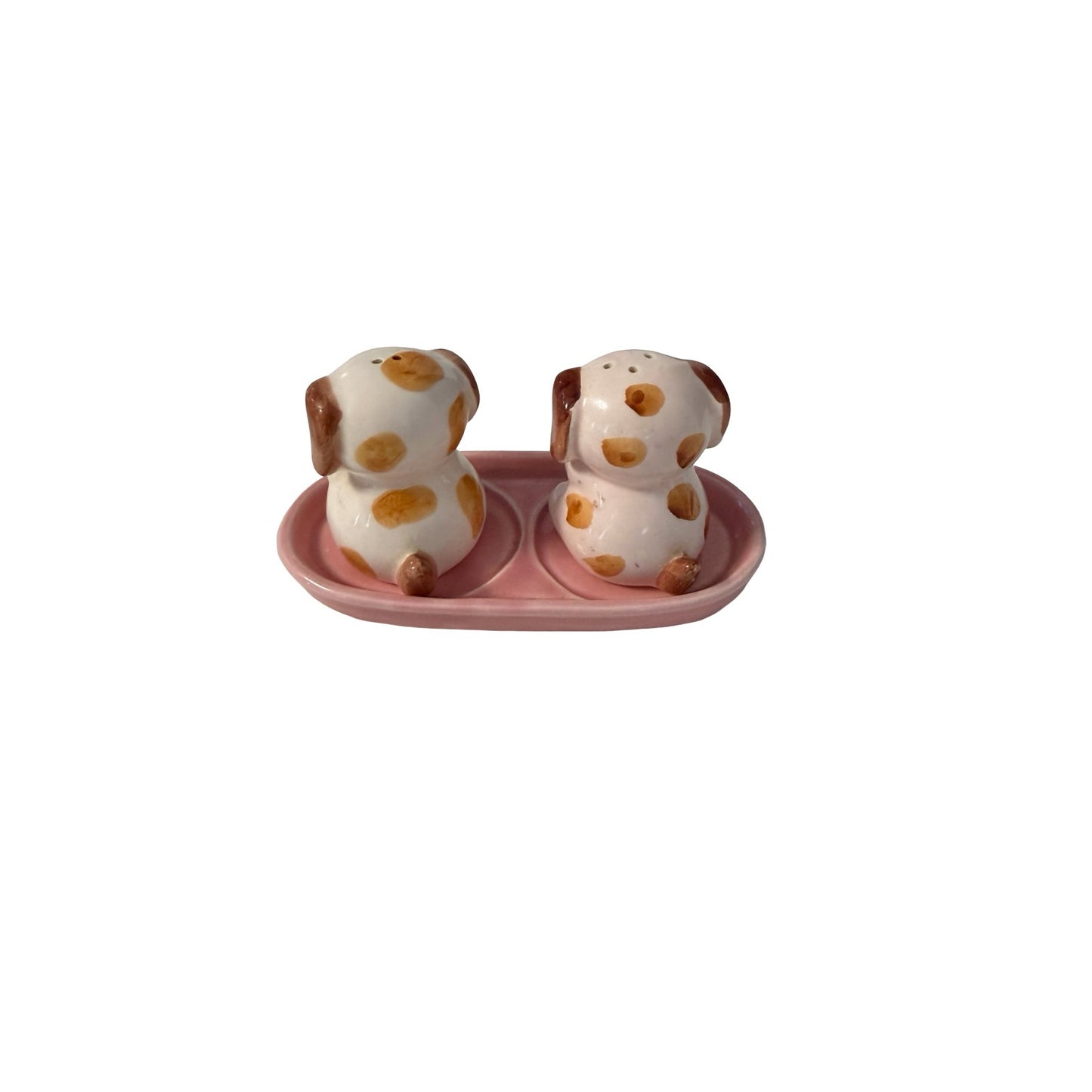 Vintage Japan Puppy Dog Salt And Pepper Shakers With Pink Tray Ceramic Set