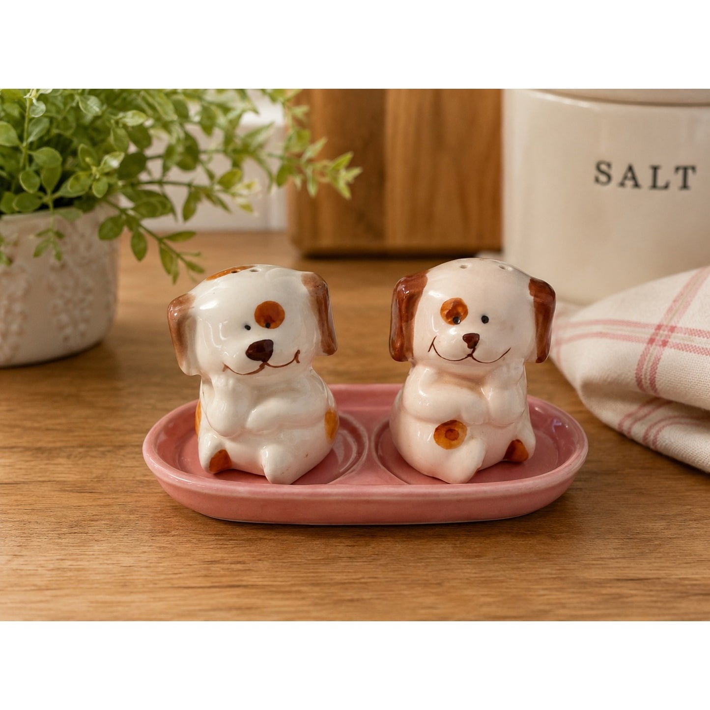 Vintage Japan Puppy Dog Salt And Pepper Shakers With Pink Tray Ceramic Set