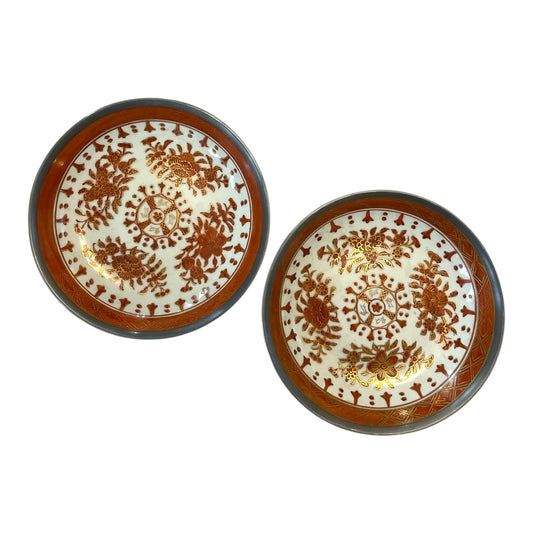 Japanese ACF Porcelain Pewter Mounted Bowl Set of 2 Crab Floral Gold Accents 8"