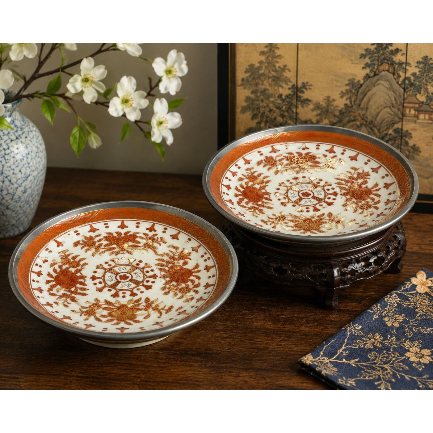 Japanese ACF Porcelain Pewter Mounted Bowl Set of 2 Crab Floral Gold Accents 8"