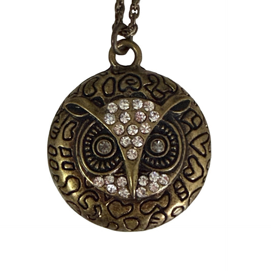 Vintage Bronze Tone Owl Pendant Necklace with Rhinestones Boho Nature 26" Chain