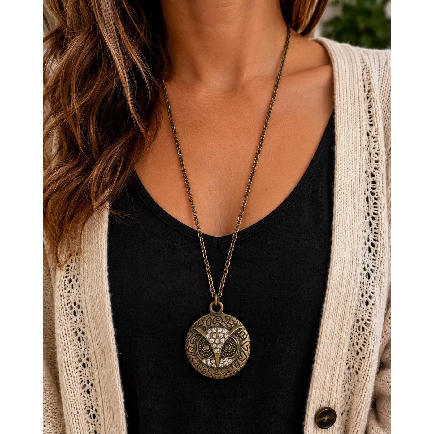 Vintage Bronze Tone Owl Pendant Necklace with Rhinestones Boho Nature 26" Chain