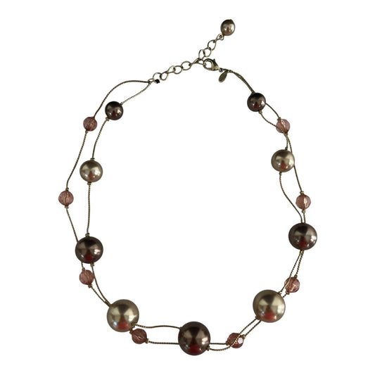 VTG RMN Beaded Necklace – Two-Strand Design with Large Pearl-Style and Pink Beads