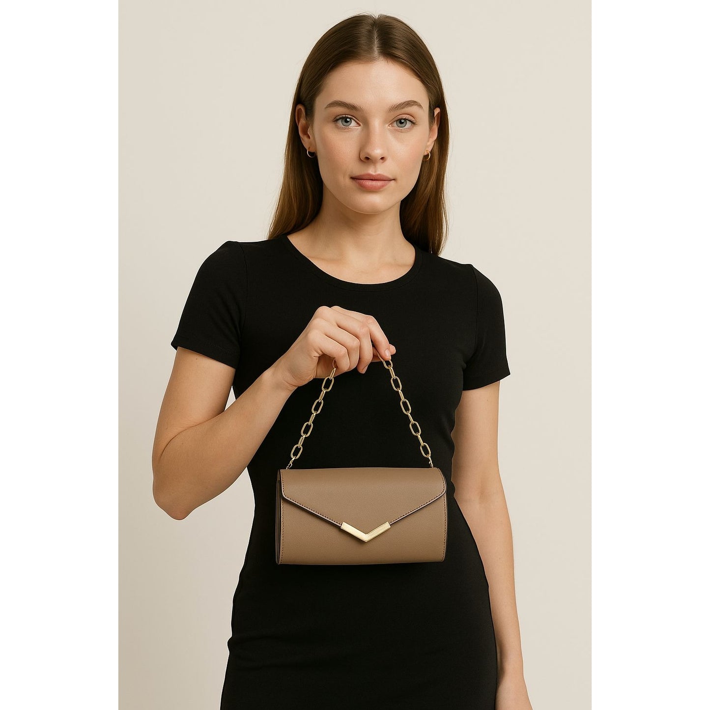 Urban Expressions Taupe Faux Leather Mini Purse with Gold Chain Handle 7x5