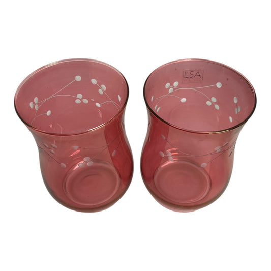 LSA Pink Glass Vases Pair – 6.5 in – White Berry Branch Design – Handblown – Modern Floral Decor