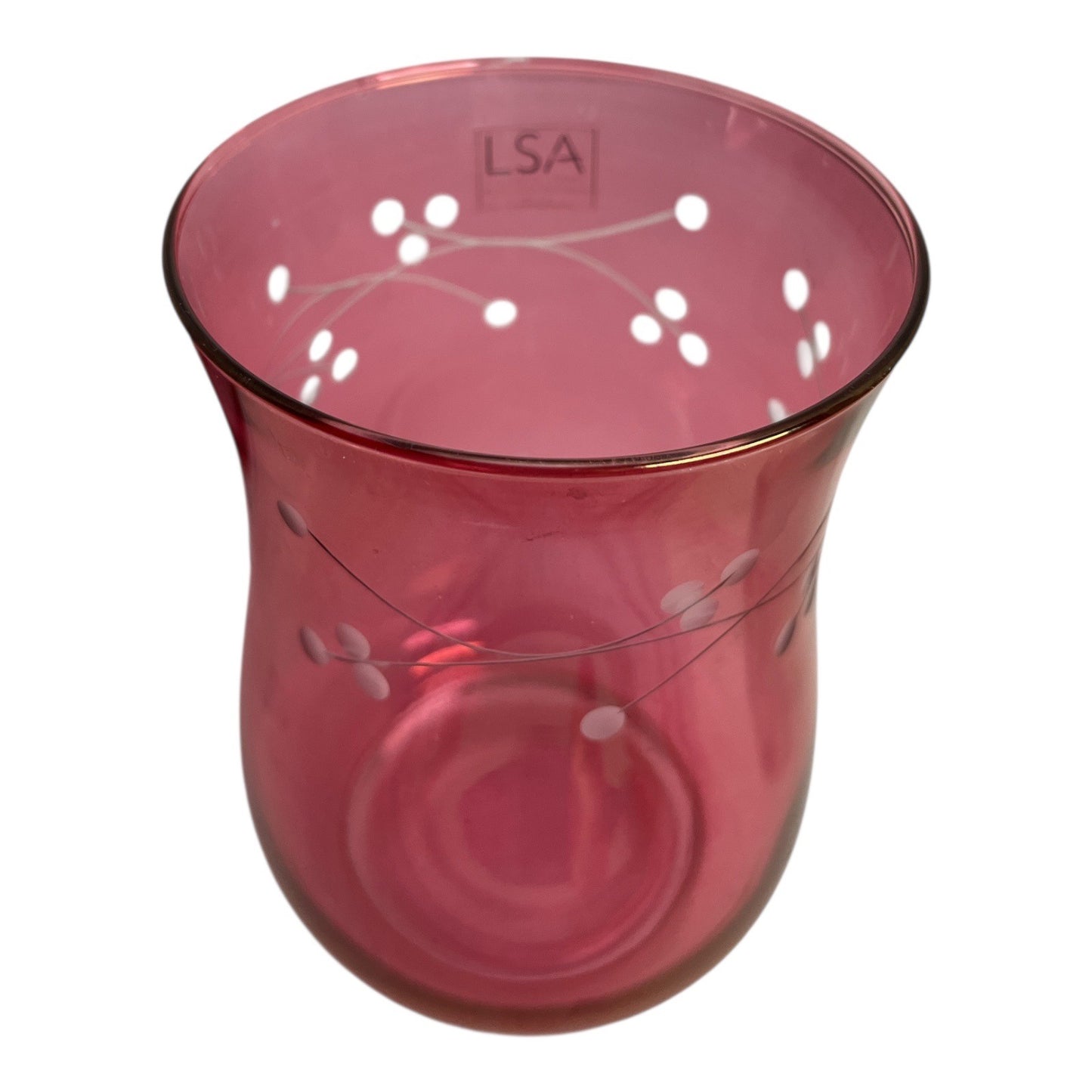 LSA Pink Glass Vases Pair – 6.5 in – White Berry Branch Design – Handblown – Modern Floral Decor