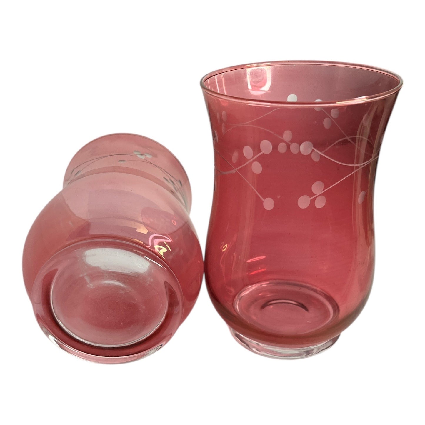 LSA Pink Glass Vases Pair – 6.5 in – White Berry Branch Design – Handblown – Modern Floral Decor