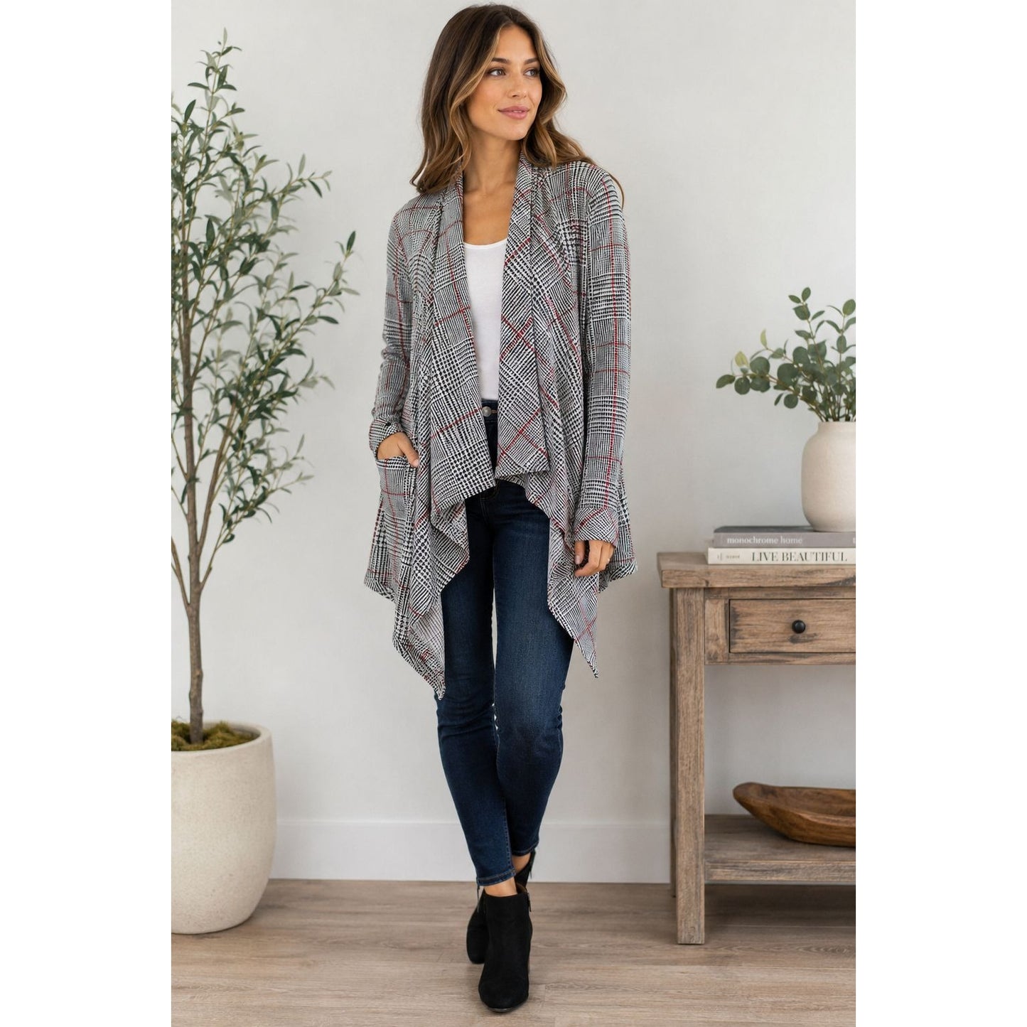 French Laundry Open Front Plaid Cardigan Duster Black White Red Size M