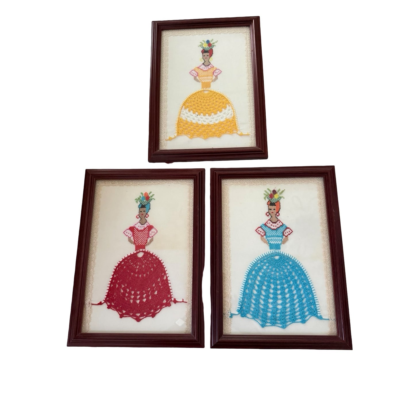 Vintage Framed Cross Stitch Crochet Dress Ladies Wall Art Set of 3 Handmade Needlework