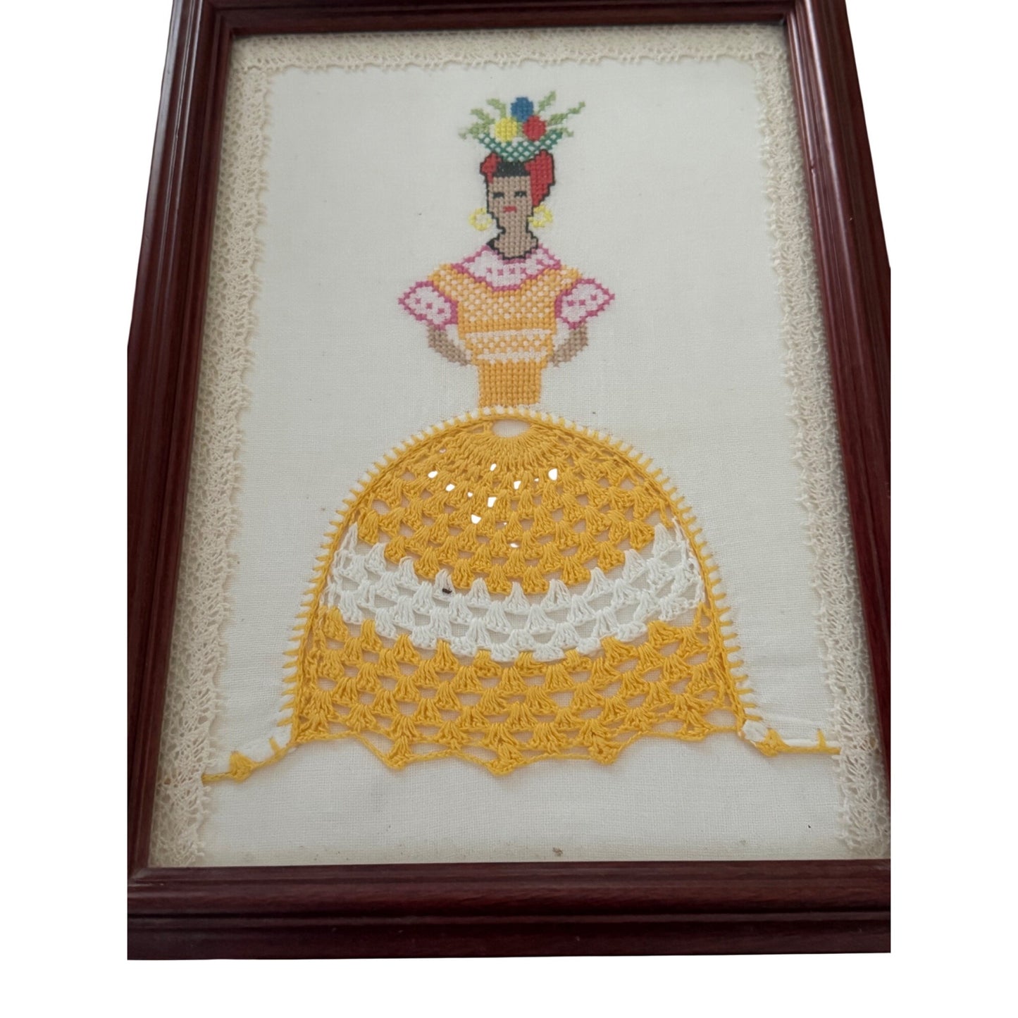 Vintage Framed Cross Stitch Crochet Dress Ladies Wall Art Set of 3 Handmade Needlework