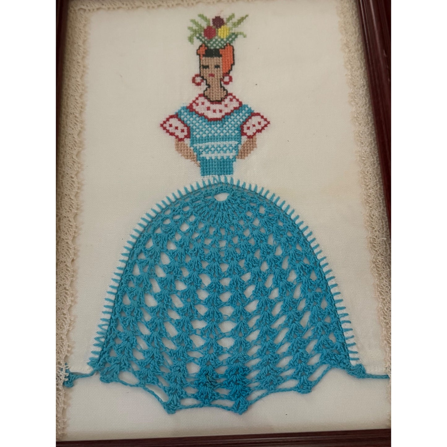 Vintage Framed Cross Stitch Crochet Dress Ladies Wall Art Set of 3 Handmade Needlework