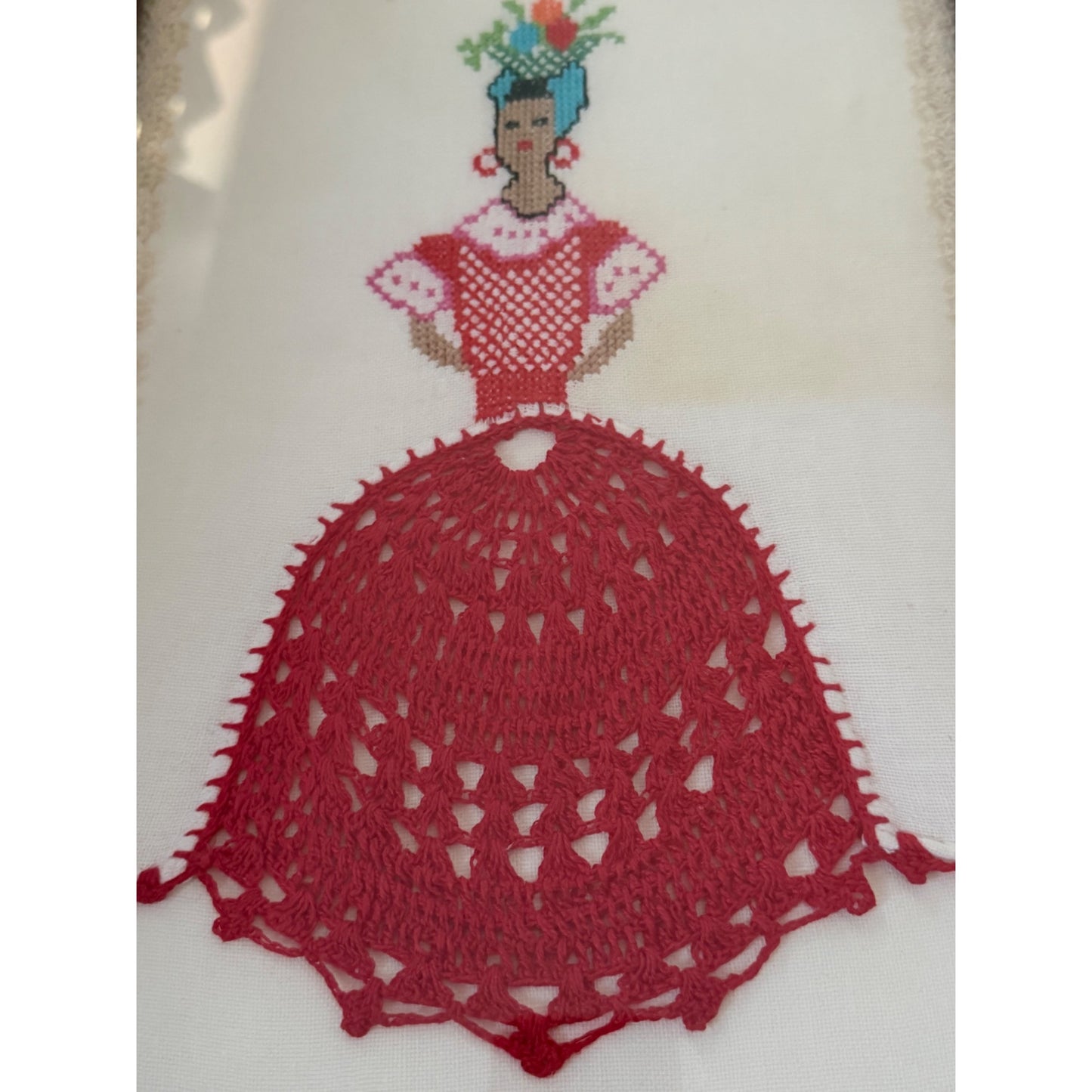 Vintage Framed Cross Stitch Crochet Dress Ladies Wall Art Set of 3 Handmade Needlework