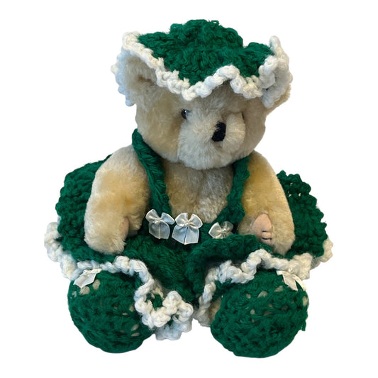 Vintage 10” Plush Bear in Green Crocheted Dress and Bonnet – Handmade Accents, Retired