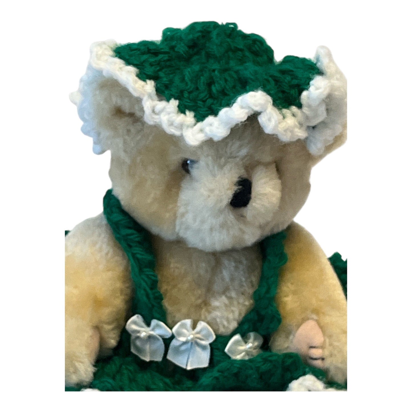 Vintage 10” Plush Bear in Green Crocheted Dress and Bonnet – Handmade Accents, Retired