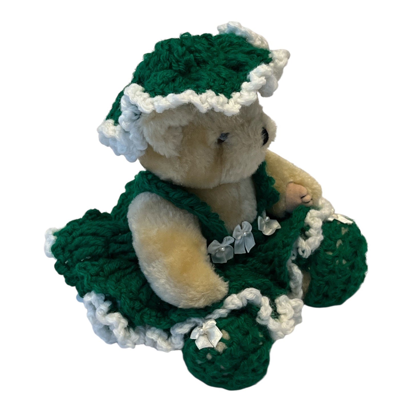 Vintage 10” Plush Bear in Green Crocheted Dress and Bonnet – Handmade Accents, Retired