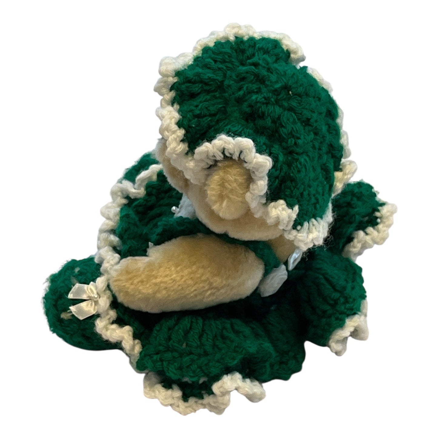 Vintage 10” Plush Bear in Green Crocheted Dress and Bonnet – Handmade Accents, Retired