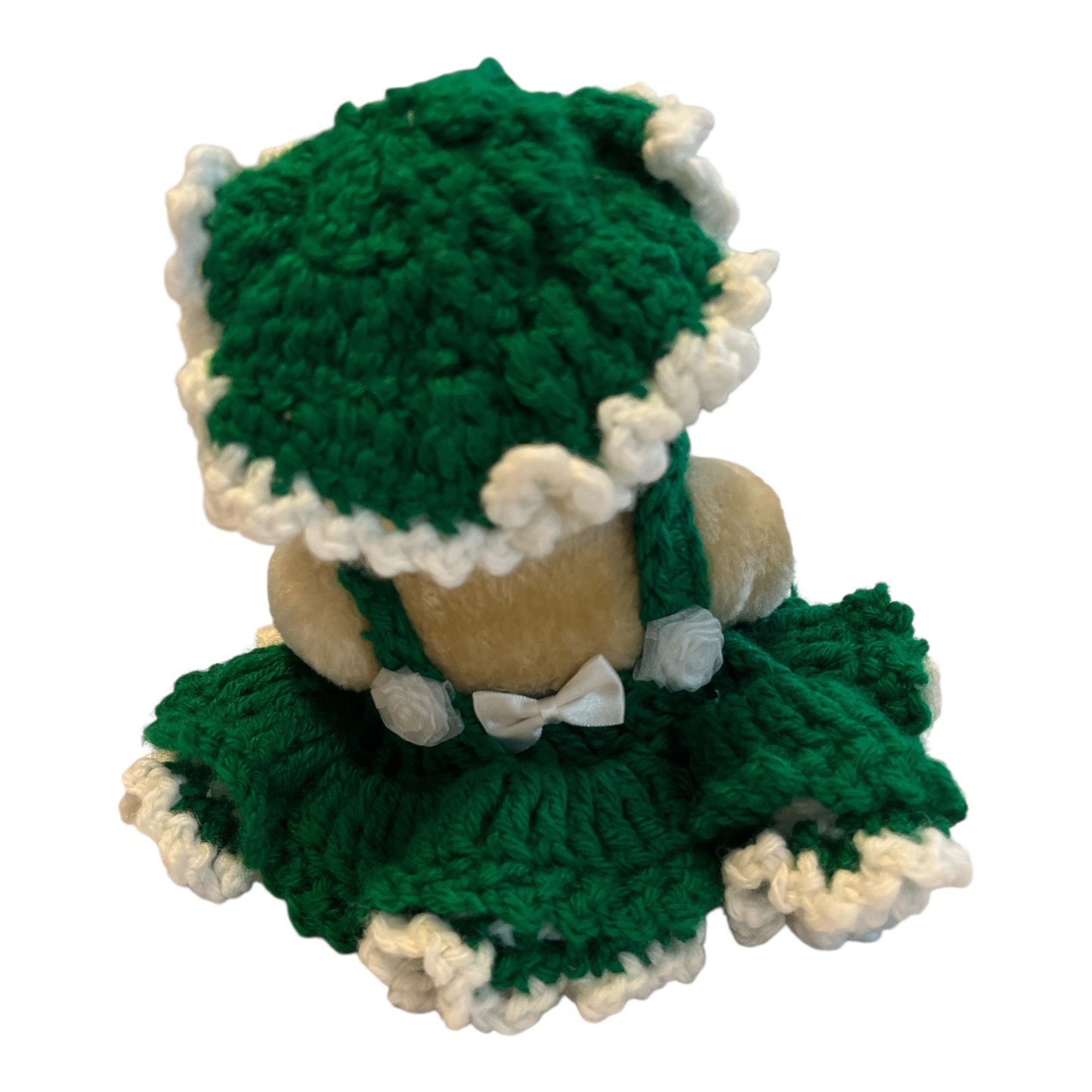 Vintage 10” Plush Bear in Green Crocheted Dress and Bonnet – Handmade Accents, Retired