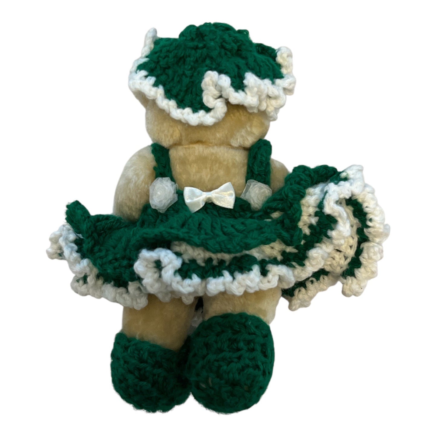 Vintage 10” Plush Bear in Green Crocheted Dress and Bonnet – Handmade Accents, Retired