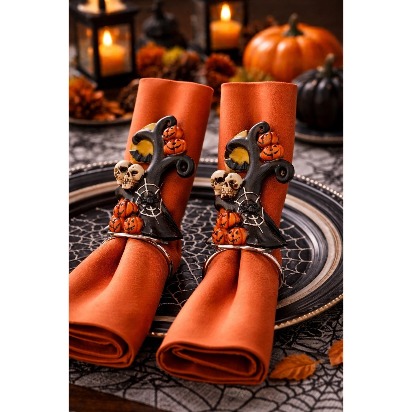 Vintage Halloween Napkin Rings Set of 2 Spooky Tree Pumpkins Skulls