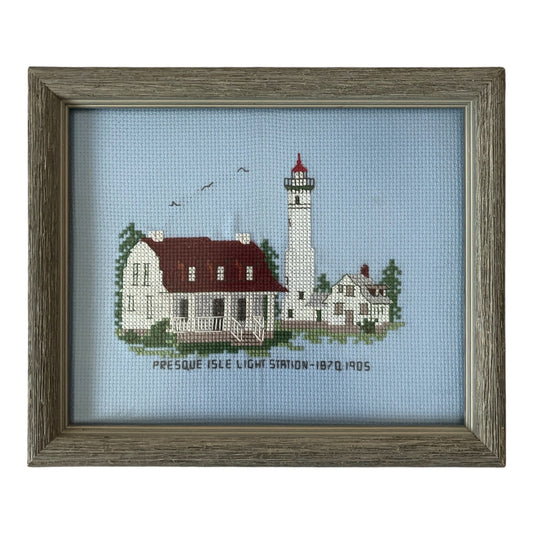 Framed Cross-Stitch Art – Presque Isle Light Station (1870–1905) – Custom Framed by Village Gallery – 1990s–2000s