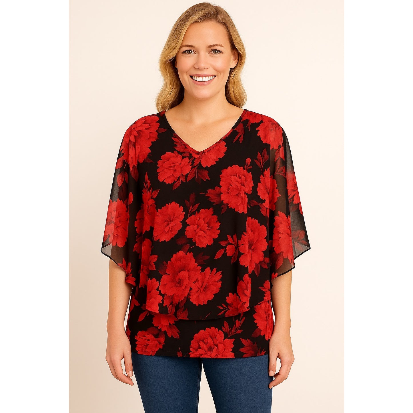 Adele & May Women’s XL Red Floral Chiffon Overlay Blouse