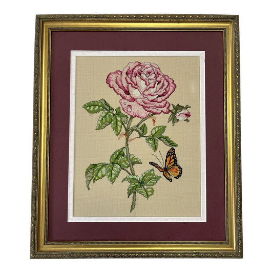 Vtg Framed Cross-Stitch Rose & Butterfly – 1998 Floral Needlework Art, 16x14