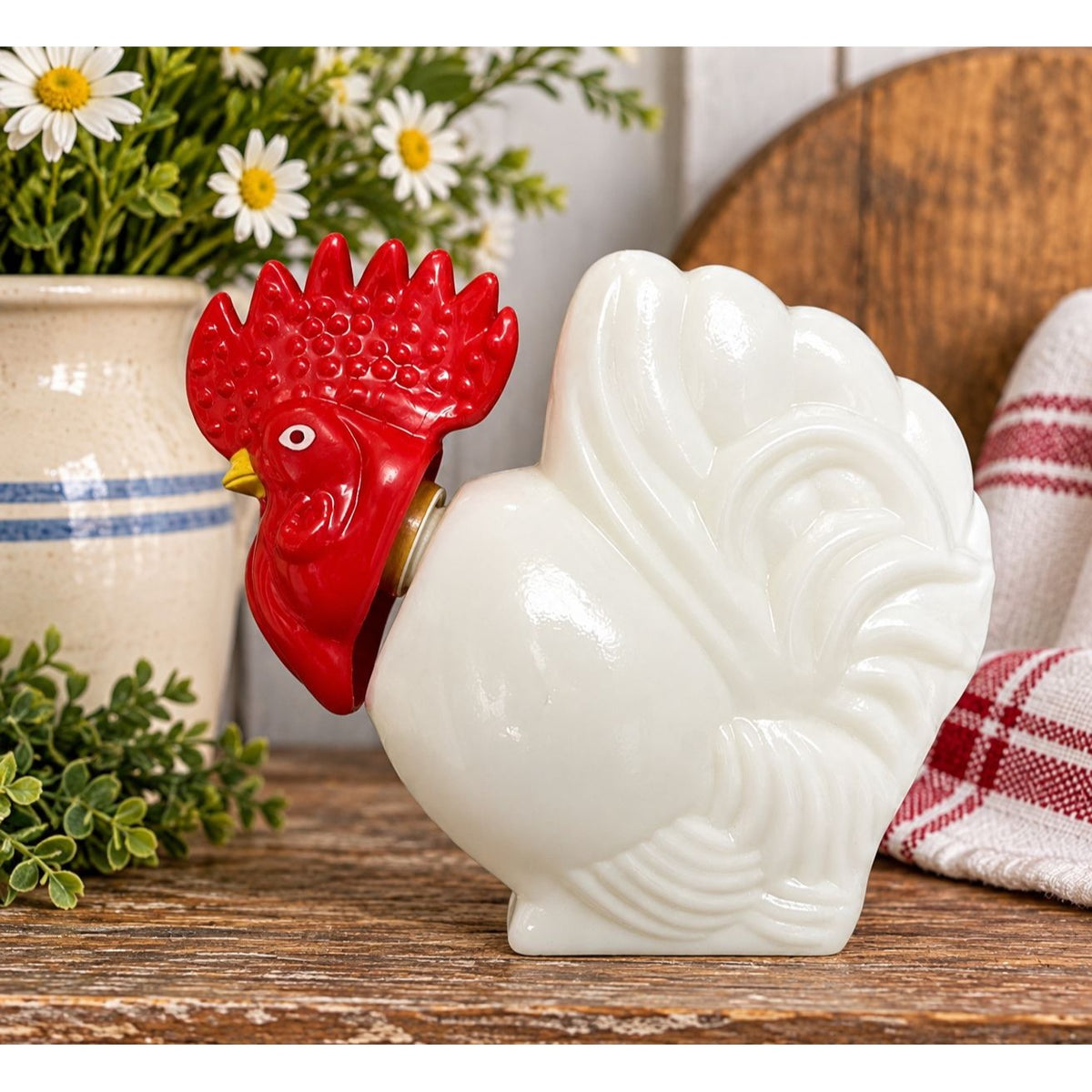 Vintage Avon Milk Glass Rooster Bottle Red Cap 1970s Hand Lotion Container