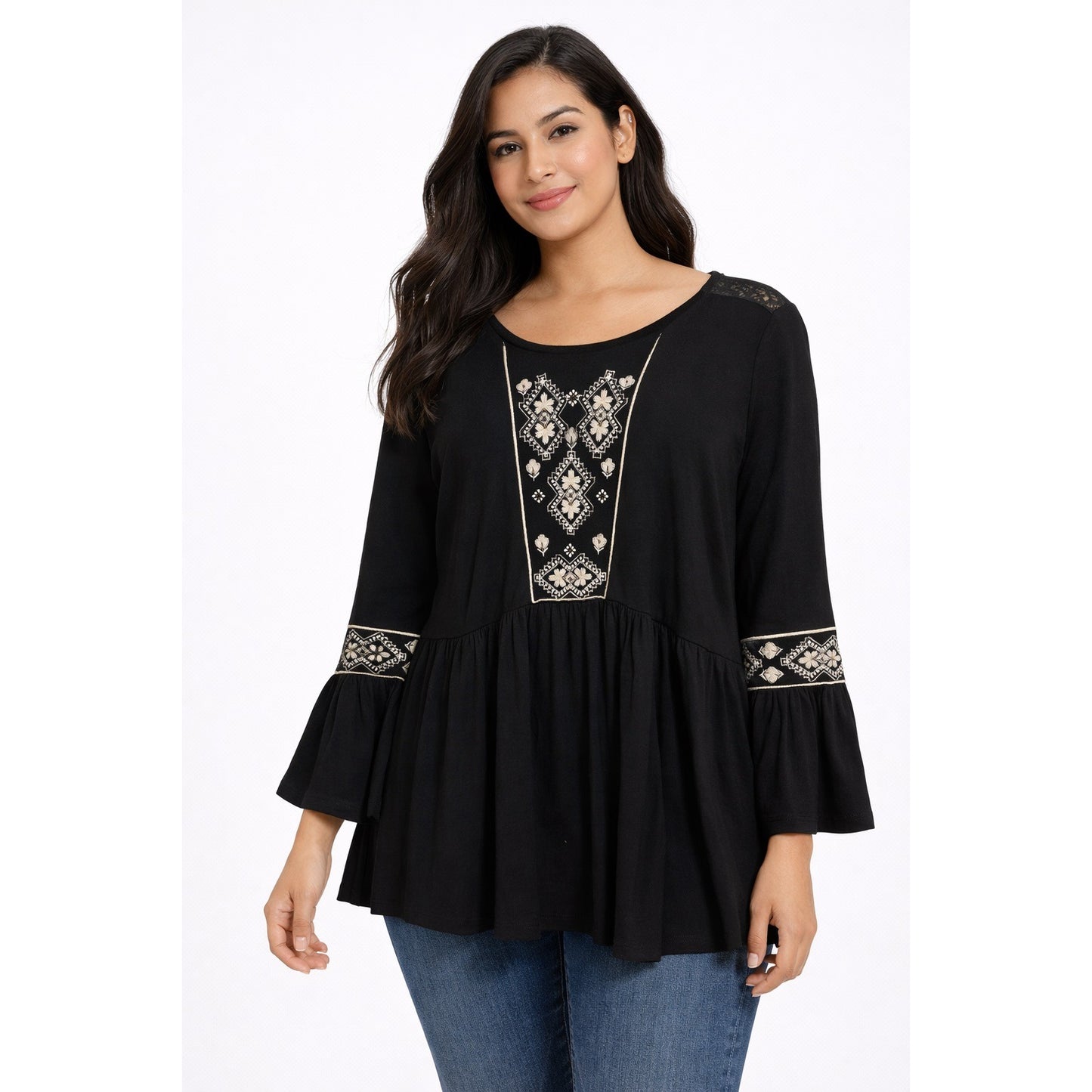 New Directions Petite PXL Black Embroidered Tunic Top Boho Long Sleeve