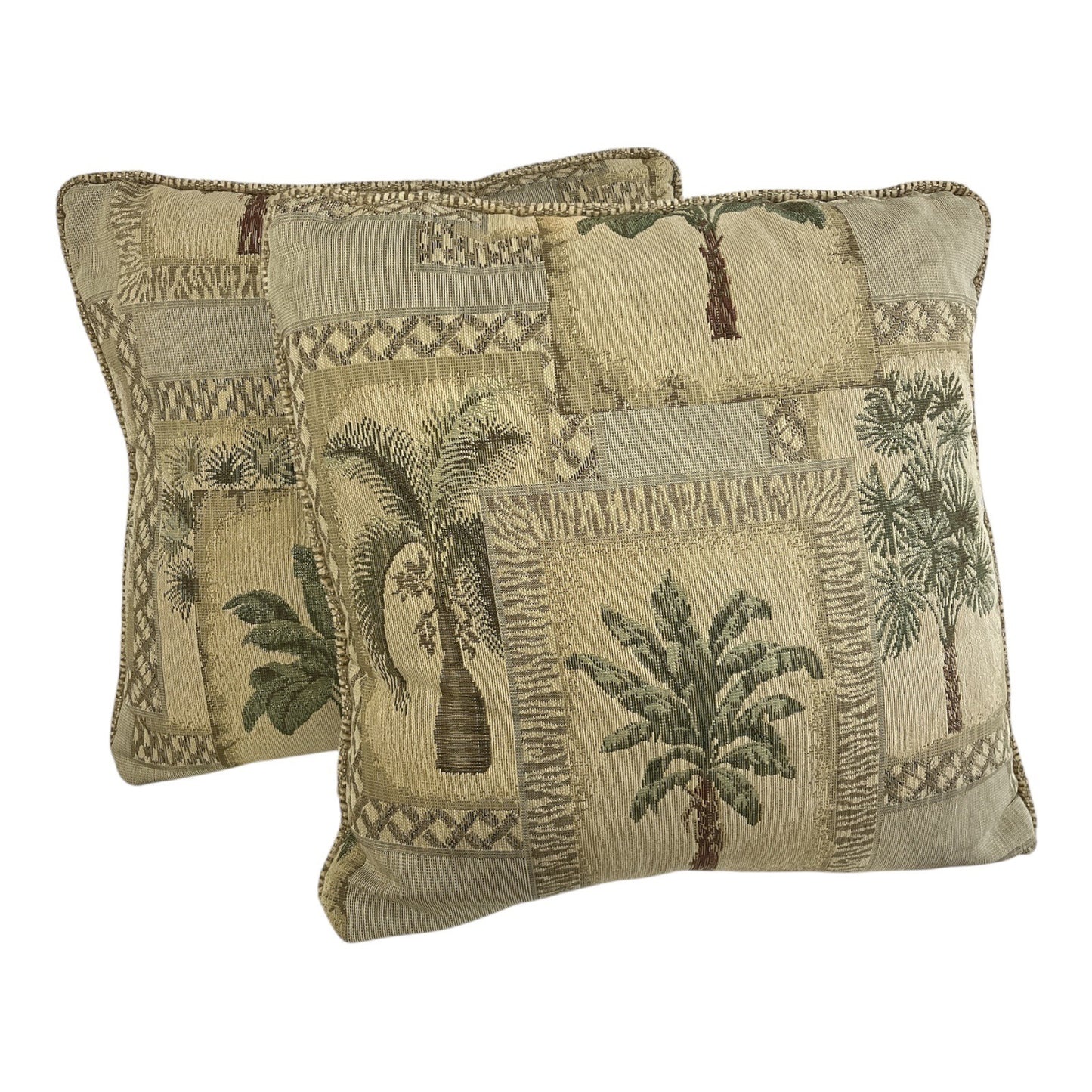 Vtg Set of 2 Tapestry Palm Tree Decorative Pillow Covers with Inserts – 17”