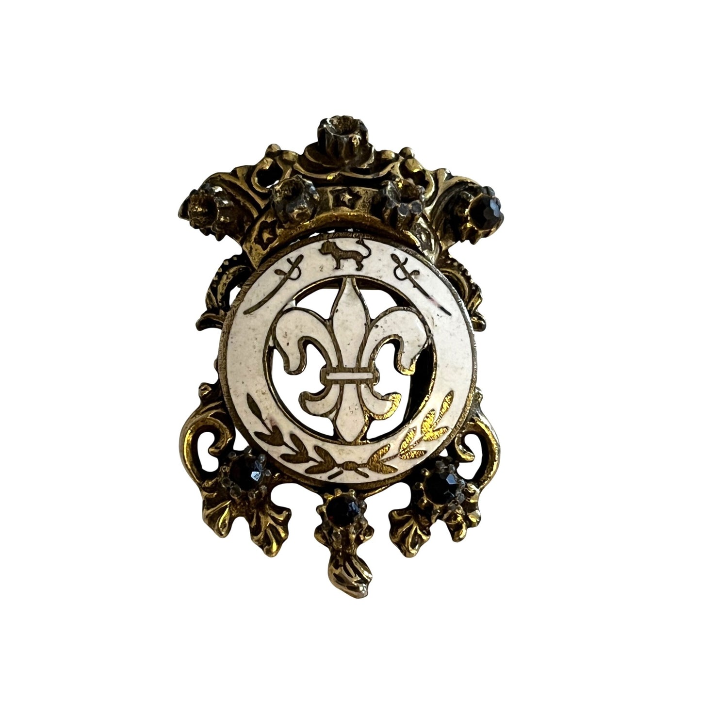 Vintage Fleur De Lis Brooch Heraldic Crest Pin Black Rhinestone Gold Tone New Orleans Style