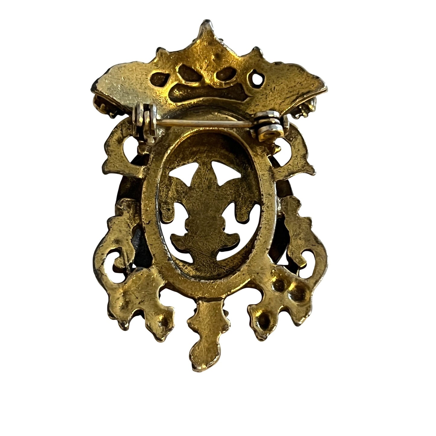 Vintage Fleur De Lis Brooch Heraldic Crest Pin Black Rhinestone Gold Tone New Orleans Style