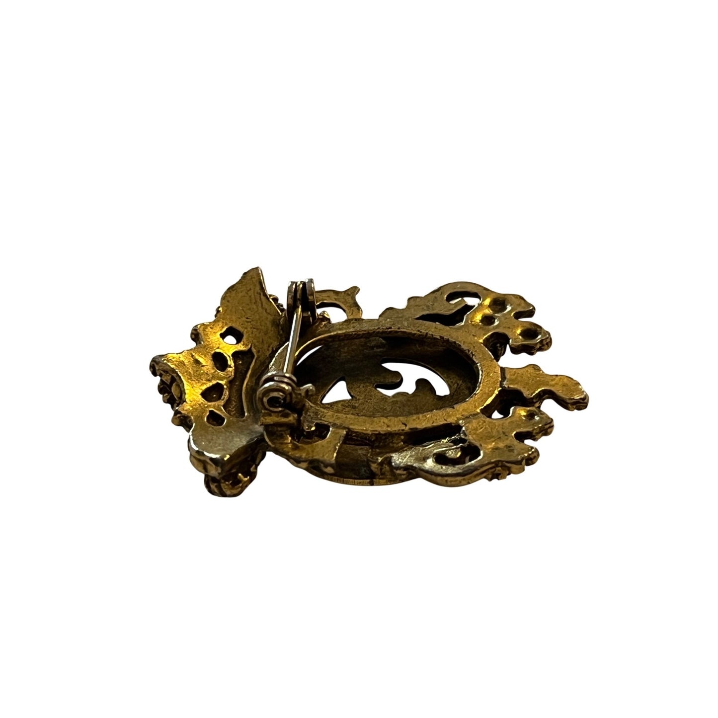 Vintage Fleur De Lis Brooch Heraldic Crest Pin Black Rhinestone Gold Tone New Orleans Style
