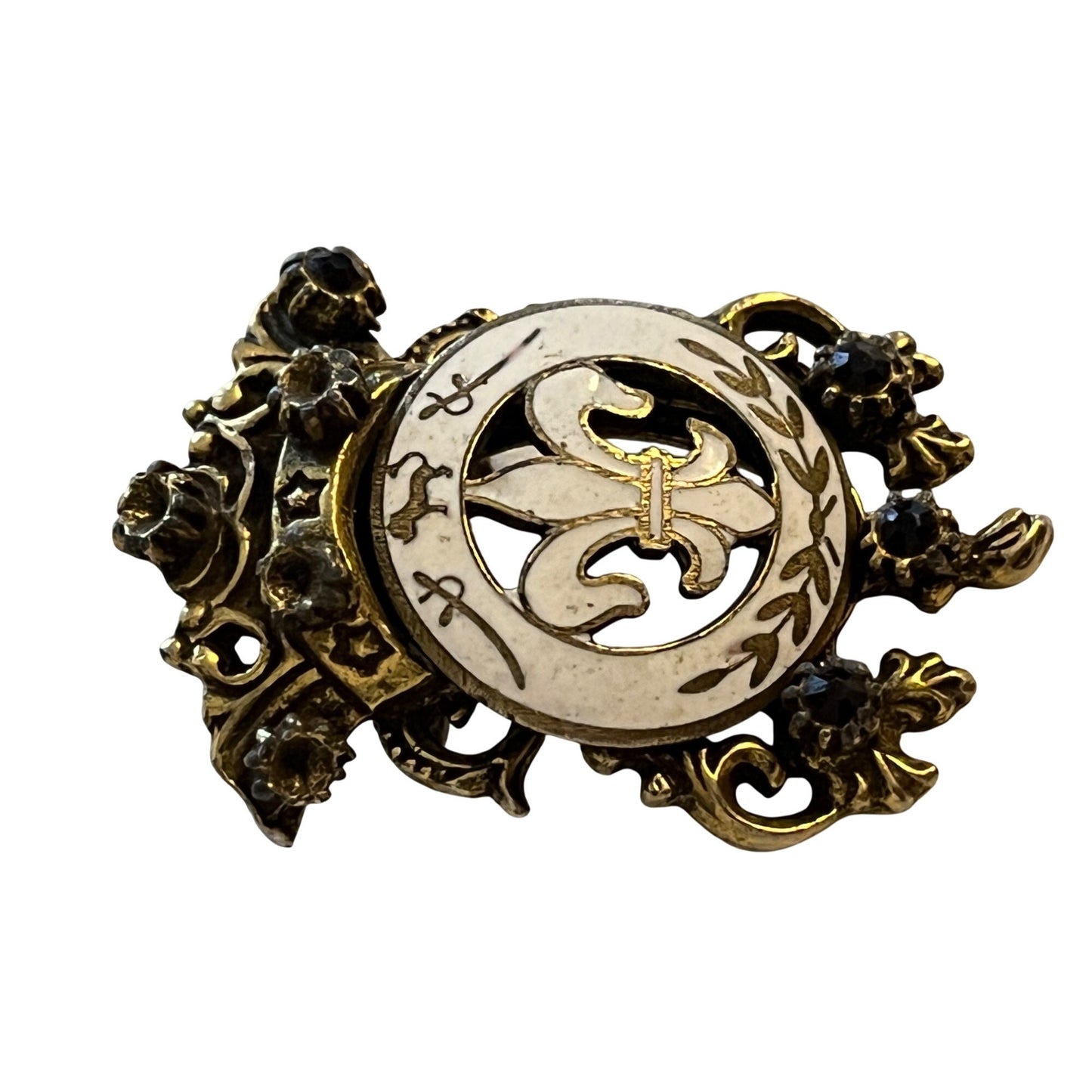 Vintage Fleur De Lis Brooch Heraldic Crest Pin Black Rhinestone Gold Tone New Orleans Style