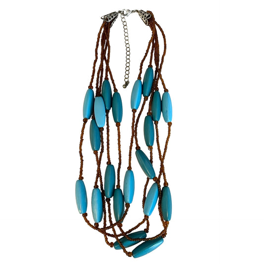 Y2K Turquoise Multi Strand Necklace Boho Layered Beaded Brown Seed Beads Adjustable