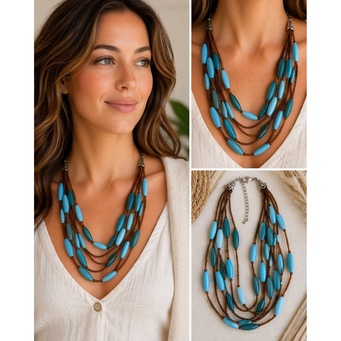 Y2K Turquoise Multi Strand Necklace Boho Layered Beaded Brown Seed Beads Adjustable