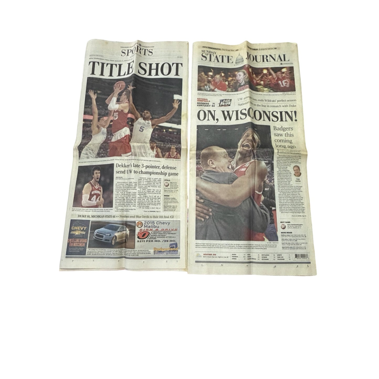 Lot of 2 Wisconsin State Journal April 5 2015 NCAA Final Four "Title Shot" & "On, Wisconsin!" Newspapers