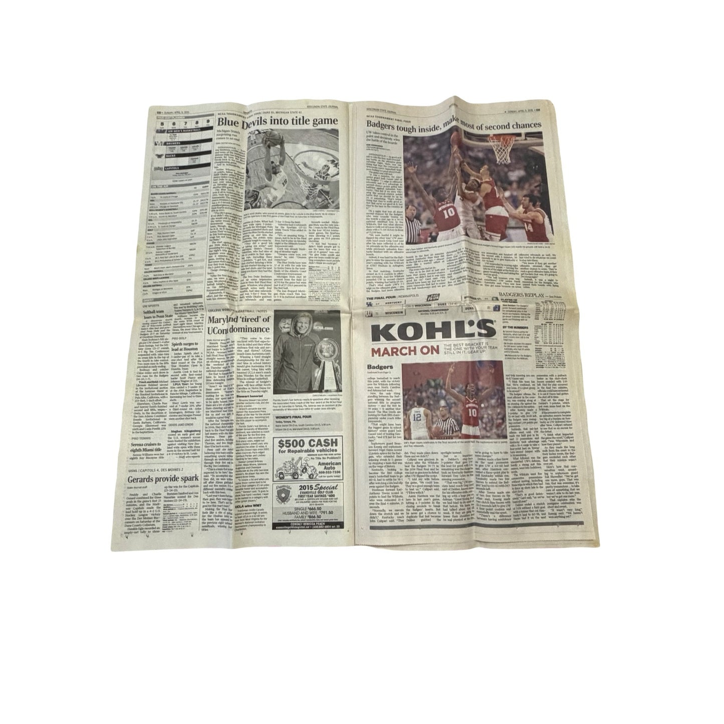 Lot of 2 Wisconsin State Journal April 5 2015 NCAA Final Four "Title Shot" & "On, Wisconsin!" Newspapers