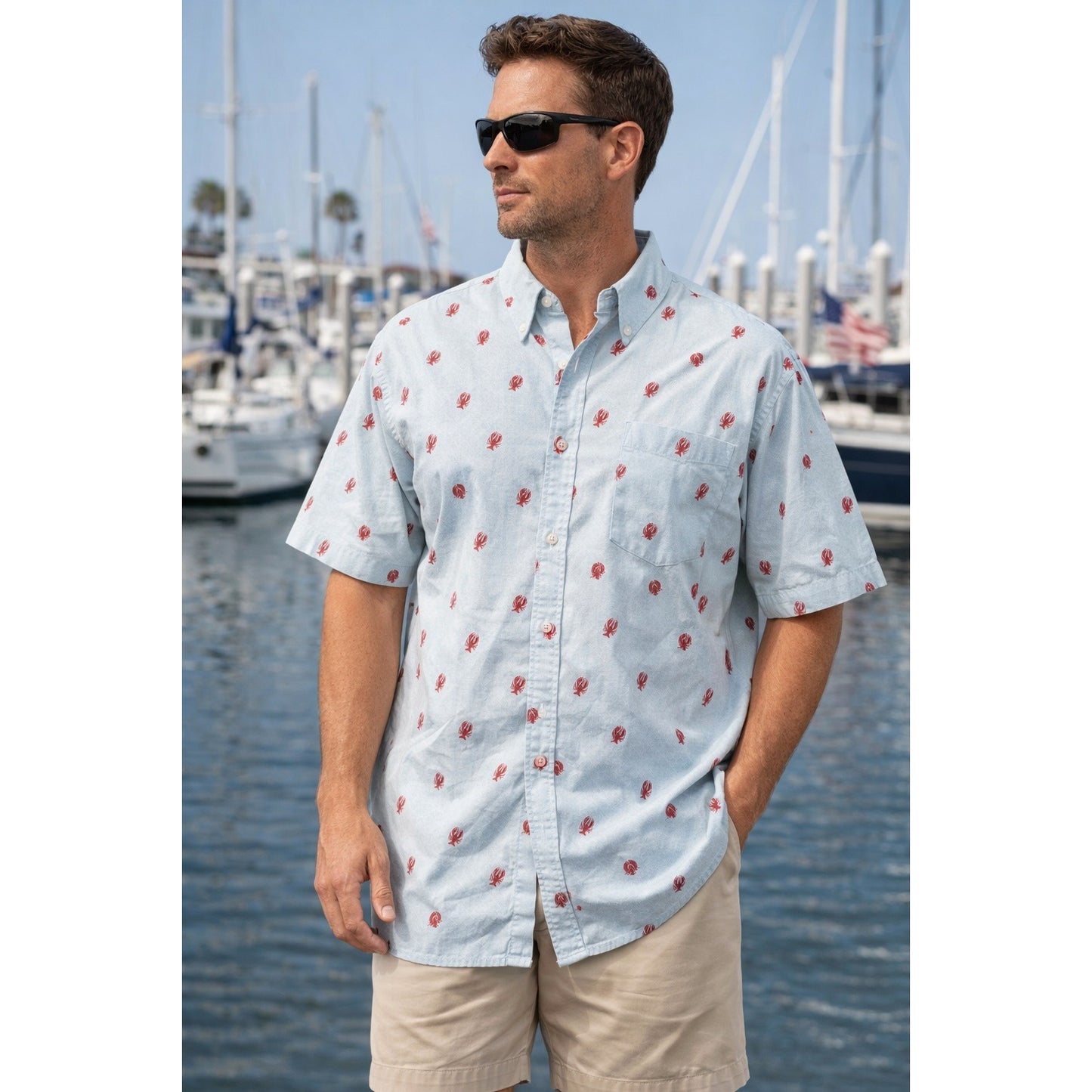 Lee Lobster Print Button Down Shirt Men’s XXL Short Sleeve Y2K Novelty