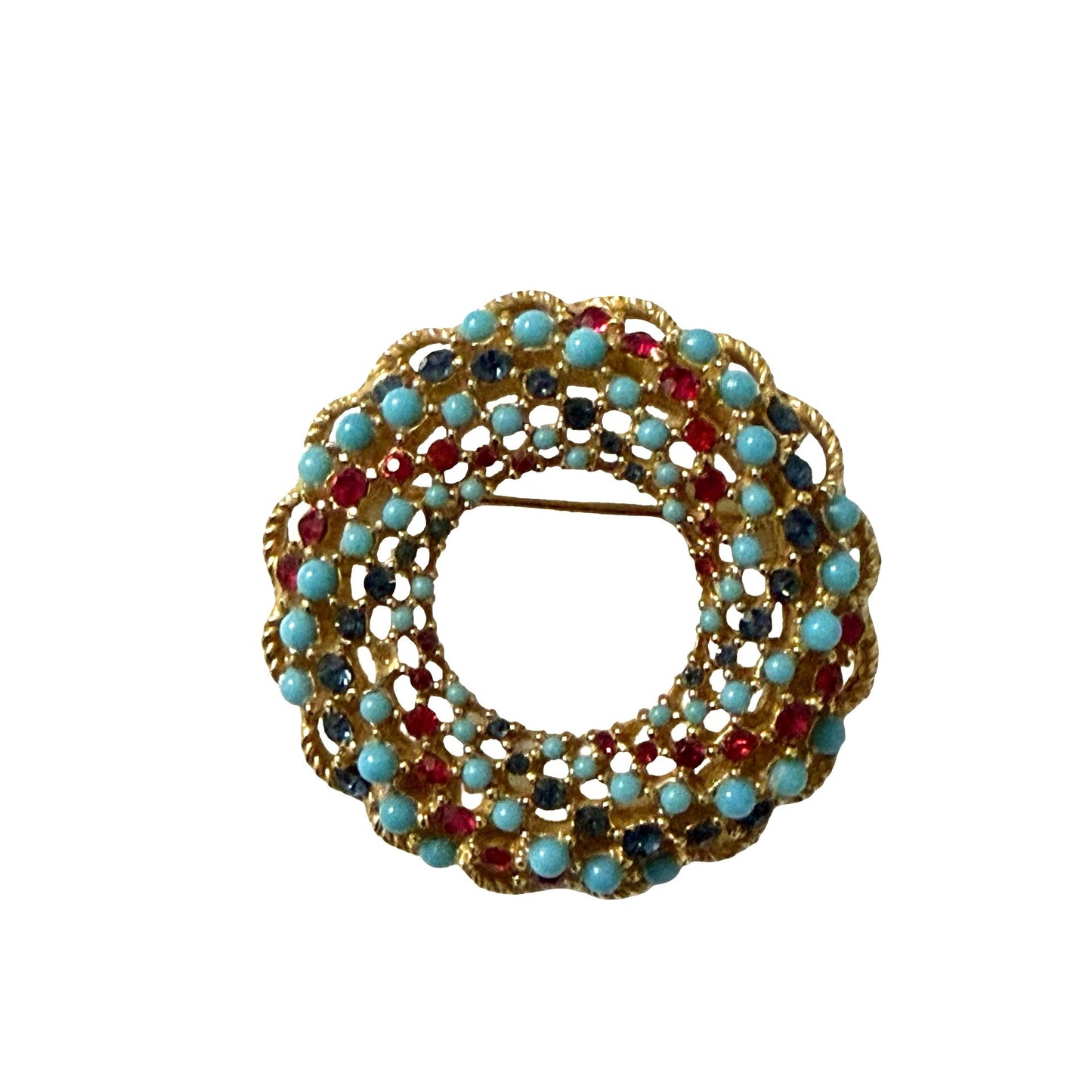 Vintage Rhinestone Wreath Brooch Gold Tone Openwork Circle Pin