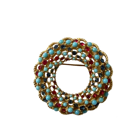 Vintage Rhinestone Wreath Brooch Gold Tone Openwork Circle Pin