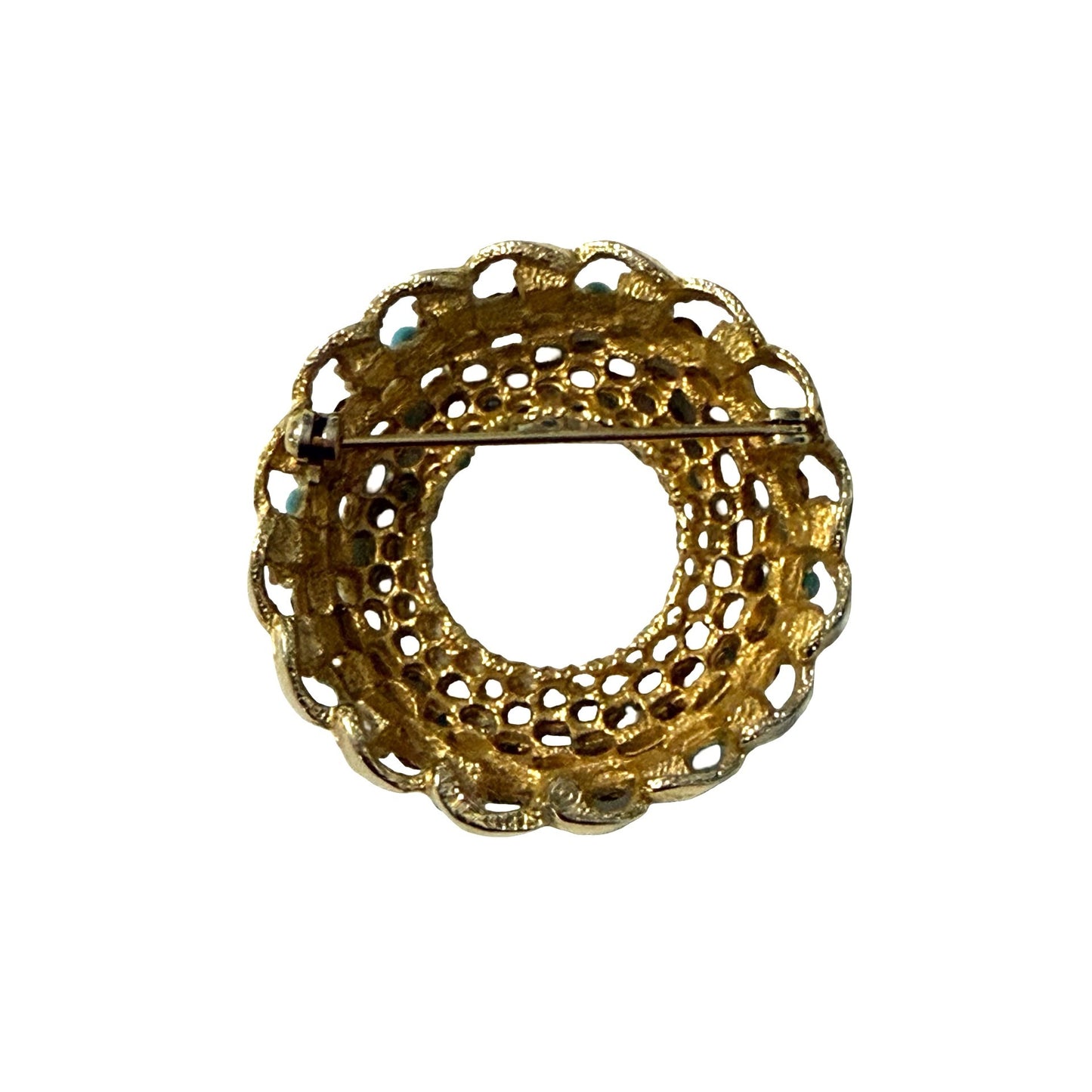 Vintage Rhinestone Wreath Brooch Gold Tone Openwork Circle Pin