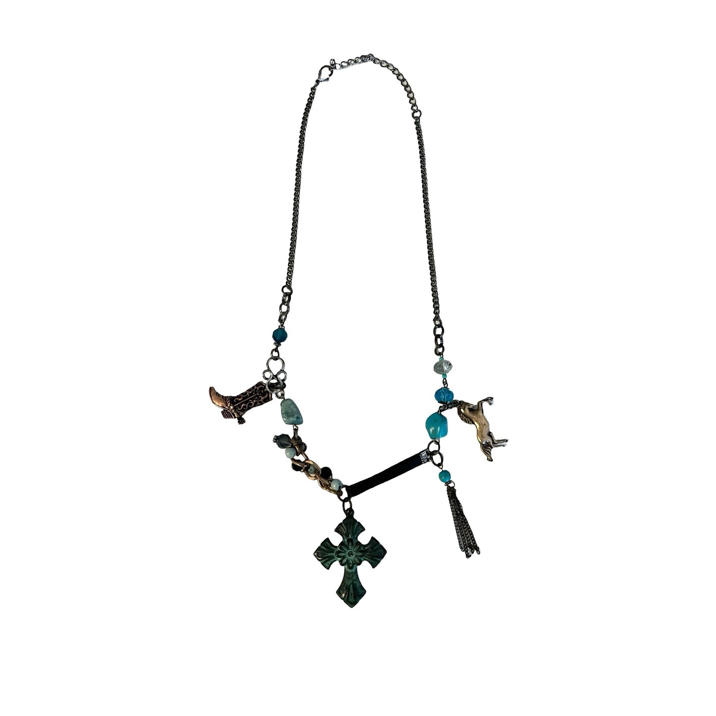 Vintage Charm Necklace Cross Boot Horse Tassel Blue Bead Mixed Metal Statement Necklace 16"