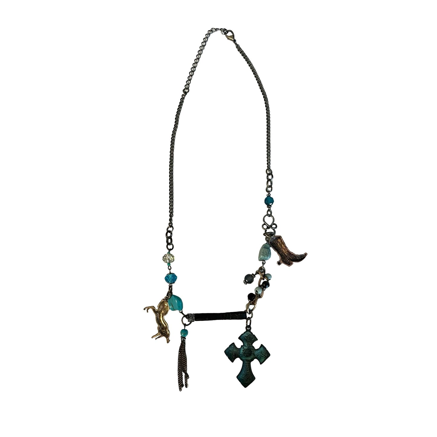 Vintage Charm Necklace Cross Boot Horse Tassel Blue Bead Mixed Metal Statement Necklace 16"
