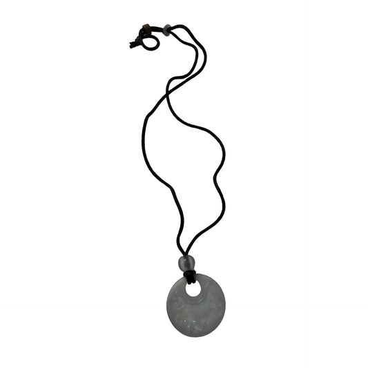 Vintage Gray Faux Jade Floral Donut Pendant Black Cord Necklace 22 Inch
