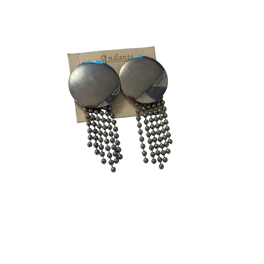 Vintage Andante Silver Tone Disc Fringe Earrings 1980s 1990s Original Card