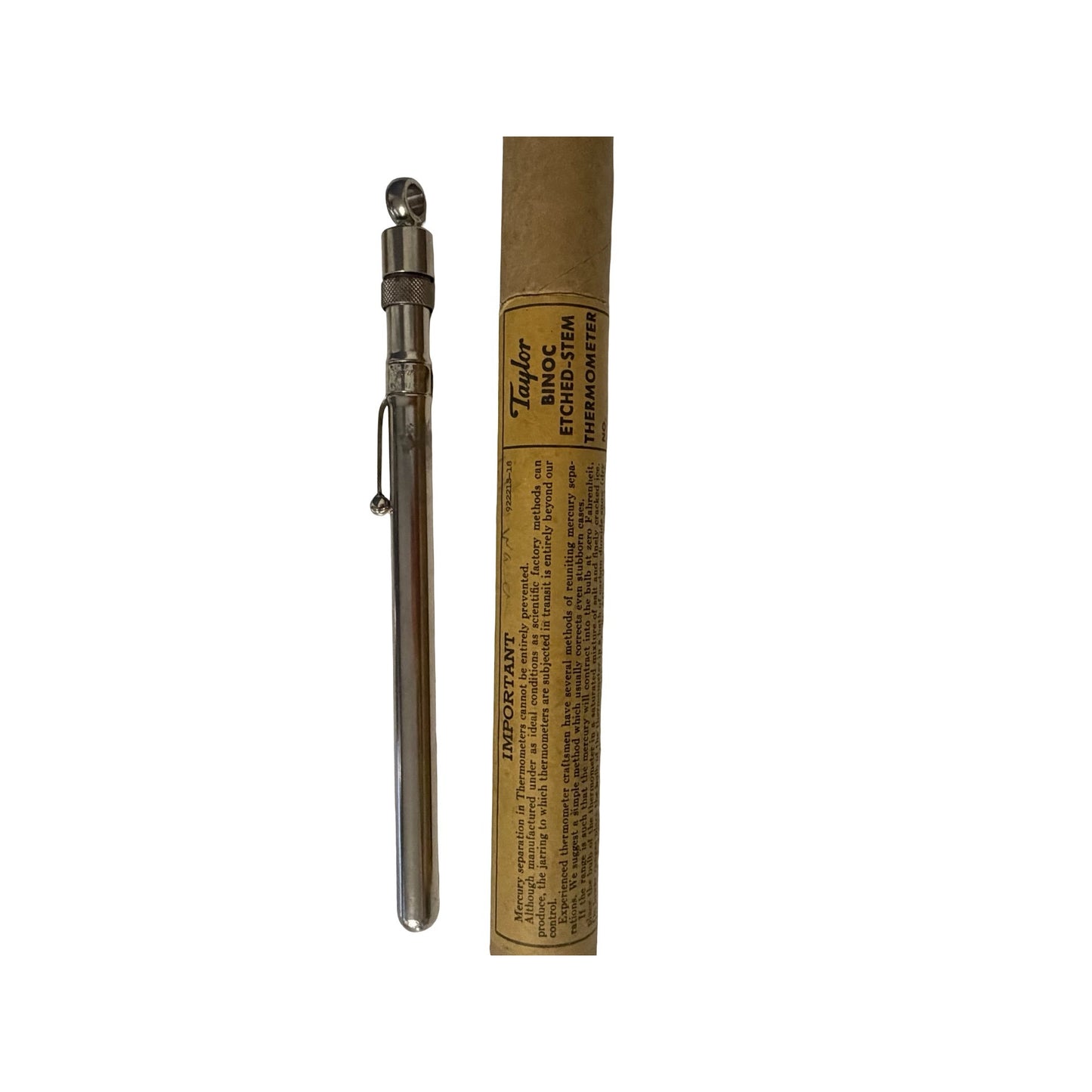 Vintage Taylor Binoc Etched Stem Thermometer No. 21418 in Original Tube Rochester NY USA