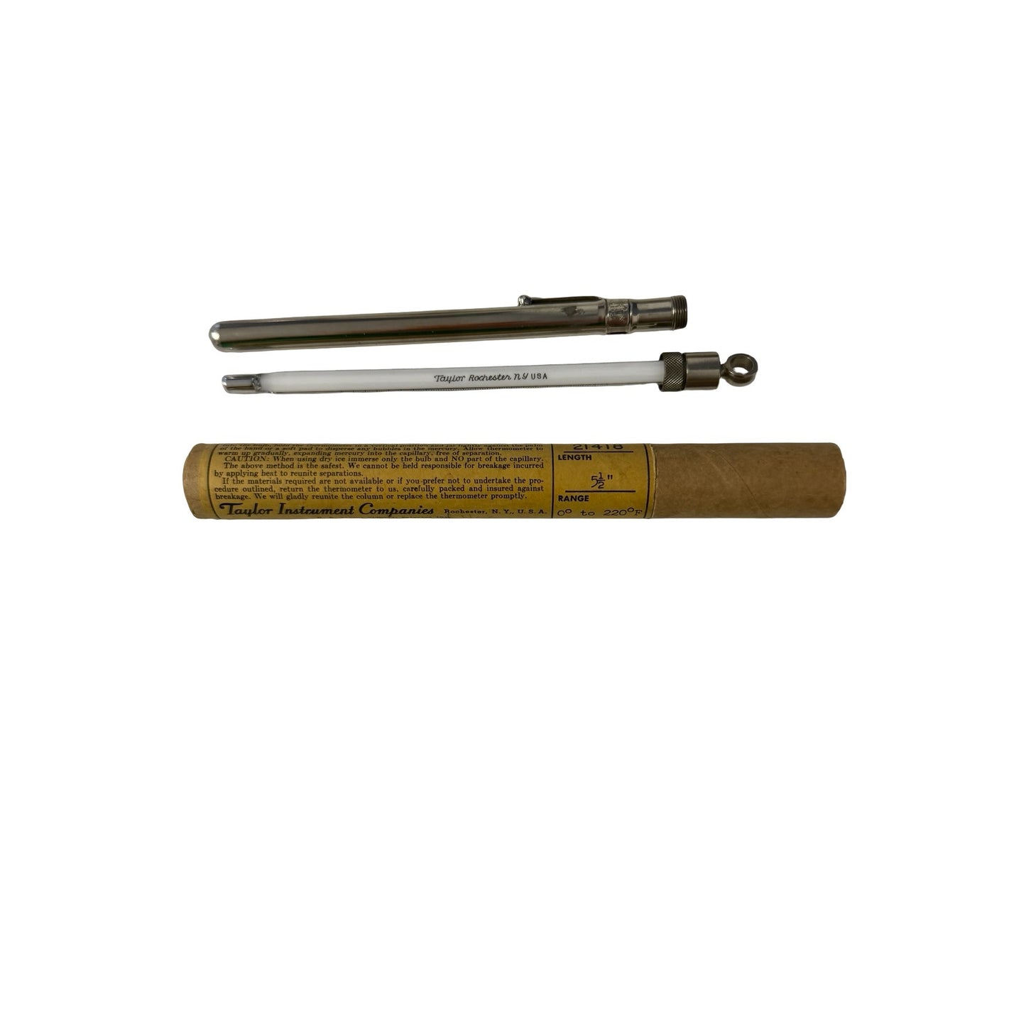 Vintage Taylor Binoc Etched Stem Thermometer No. 21418 in Original Tube Rochester NY USA
