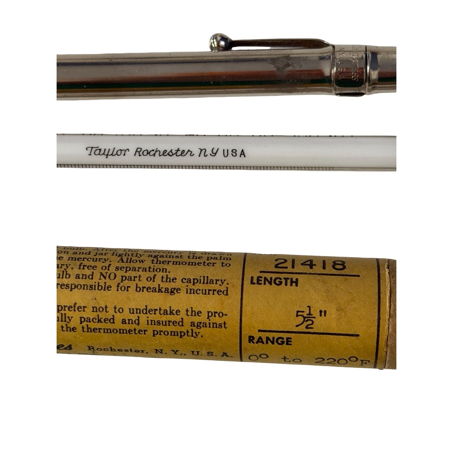 Vintage Taylor Binoc Etched Stem Thermometer No. 21418 in Original Tube Rochester NY USA