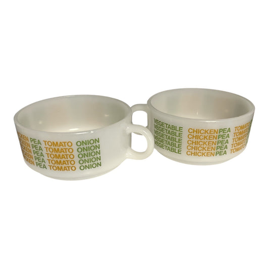 Vintage Glasbake Soup Bowls – Set of 2 – White Milk Glass with Colorful Soup Text – 1970s Stackable Mugs